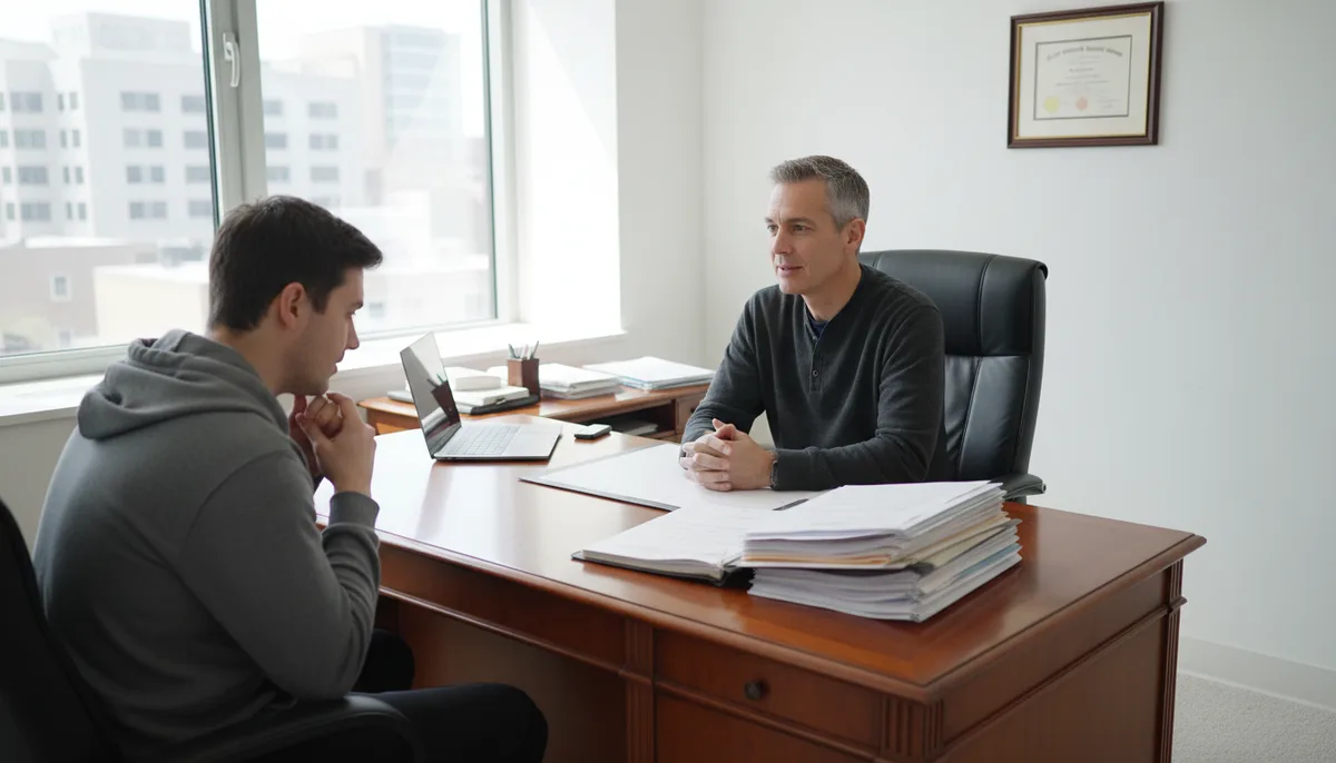 врач-нарколог беседует с пациентом в светлом кабинете, медицинская документация на столе